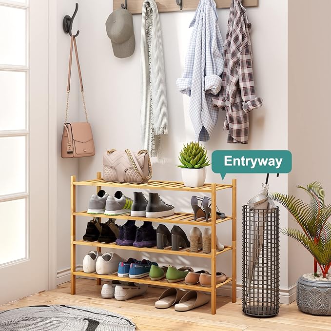 Shoe Rack, 4-Tier Long Shoe Rack for Entryway, Bamboo Wood Shoe Shelf for Closet & Hallway, Long 33IN | Beautiful | Functional | Sturdy | Durable-NeatNest
