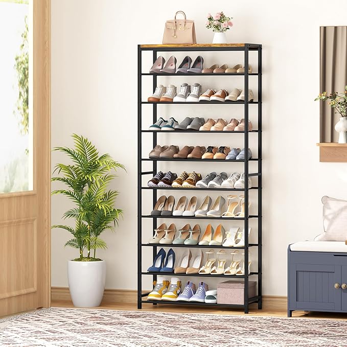 HOMEFORT 10 Tiers Shoe Rack Organizer,30" Shoe Storage Shelf for Closet, Shoe Rack for Entryway,Holds 36-40 Pairs of Shoe, Tall Shoe Stand with Metal Shelves and MDF Top Board,Rustic Brown-NeatNest