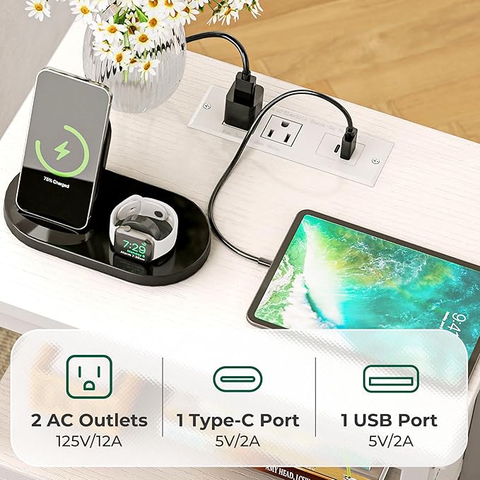 Huuger Nightstand with Charging Station, Side Table with Fabric Drawers, End Table with Open Shelf, Bedside Table with USB Ports and Outlets, Night Stand for Bedroom, White