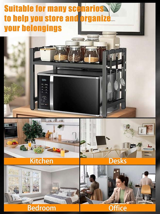 Caliee Expandable Microwave Stand, Adjustable Countertop Storage Rack for Microwave, Tableware, and Pantry Items, Space-Saving Design for Kitchen, Cabinet, and Countertop (Black)-NeatNest