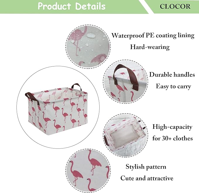 CLOCOR Rectangular Flamingo Storage Basket,Collapsible Cute Pattern Storage Bin,Waterproof Coating Storage Box with Handles,Gift Baskets, Shelf Basket (Flamingo)-NeatNest