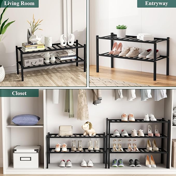 Smiry Shoe Rack, 2 Tier Bamboo Shoe Organizer, Stackable Free Standing Wooden Shoe Storage Shelf for Closet, Entryway, Front Door Entrance, Black-NeatNest