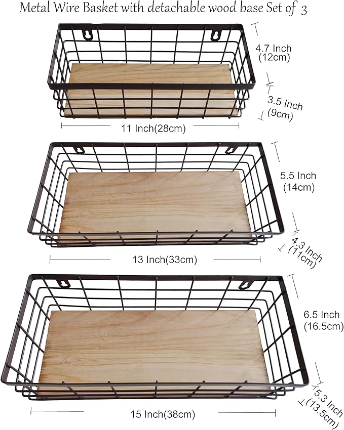 Metal Wire Basket Detachable Wood Base Storage Organizer Farmhouse Bin for Kitchen Cabinets, Bathroom, Pantry, Laundry Room, Closets Set of 3,Brown Color