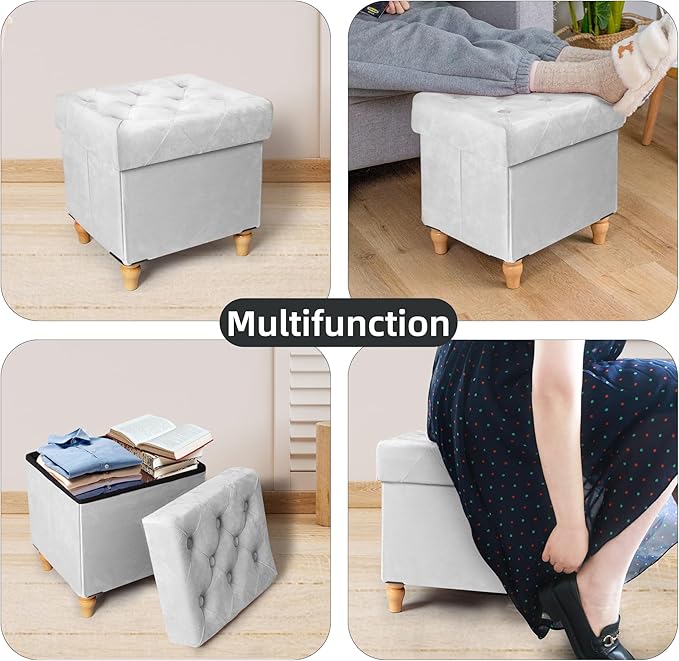CAROLMADE Folding Storage Ottoman Cube Velvet Footstool with Wood Legs Ottoman Footrest for Living Room and Bedroom, Grey 15"x12.6"x15.4”-NeatNest