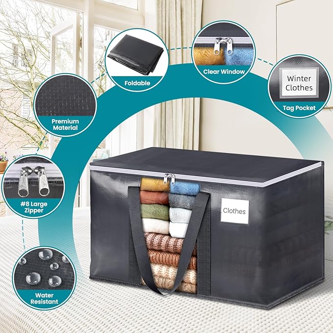 HomeHacks 6 Pack Extra Large Moving Bags with Visual PVC Window & Zippers, Storage Totes with Reinforced Handles, Heavy Duty Storage Bags for Packing, Moving, Storage (76L,Grey)