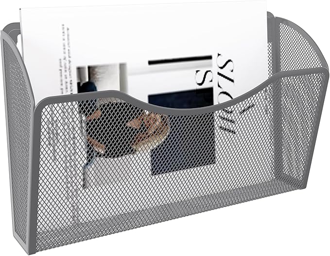 EasyPAG Wall File Holder, Single Mesh Hanging File Organizer for A4 Letter Size Paper, Wall Mount Paperwork Basket for Office, Home, School, Silver