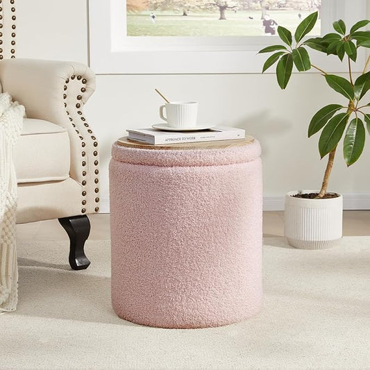 Boucle Round Ottoman with Storage Set of 2,Small Foot Stool Ottoman for Living Room, Small Coffee Table,Vanity Stool with Storage for Bedroom, Pink-NeatNest