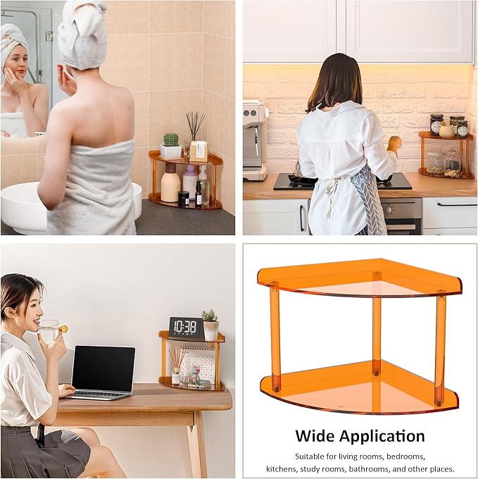 2 Tier Acrylic Corner Shelf Organizer Storage 9.5x9.5x8 Inch, Orange Countertop Corner Shelf for Bathroom, Kitchen, Bedroom, Office, Study Room-NeatNest