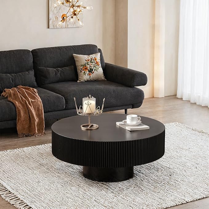 Handmade Round Grooved Drum-Shaped Coffee Table、Rustic Modern Circular Centerpiece for Living Room & Farmhouse Decor、Easy to Clean (B Black 30.9in)
