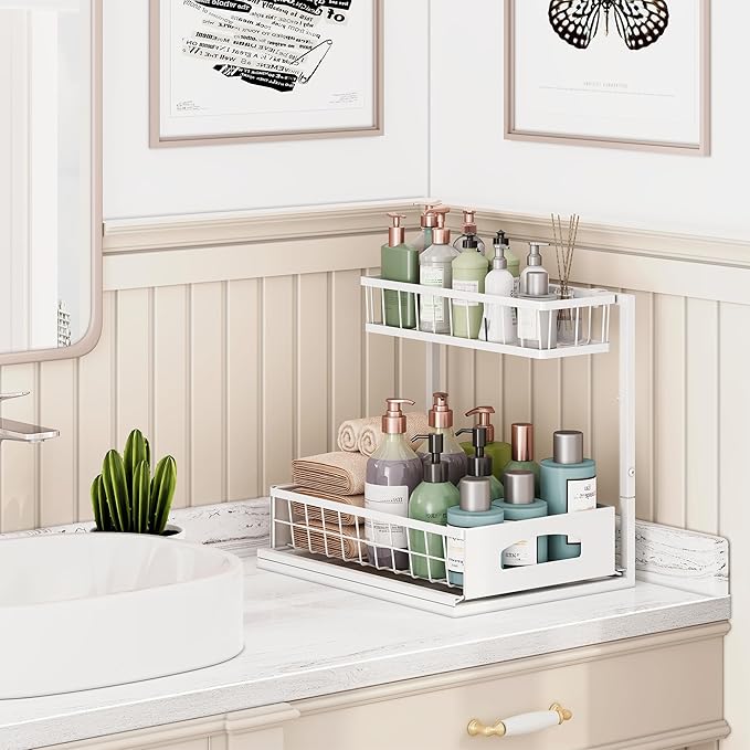 Under Sink Organizer, 2 Pack Height Adjustable Cabinet Organizer with Slide Out Drawer, Pull Out Under Sink Storage, Multi-Purpose 2 Tier Sink Shelves for Kitchen Bathroom Pantry (White, 2 Pack)