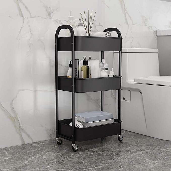 3-Tier Rolling Utility Cart with Caster Wheels,Easy Assembly, for Kitchen, Bathroom (Black)-NeatNest