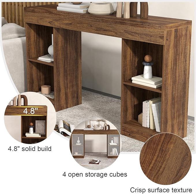 55 Inches Console Table,4 Cubes Narrow Entryway Table,3 Tier Wood Behind Couch Sofa Table,TV Console with Storage for Living Room,Hallway,Entrance,Foyer (Striped Brown)-NeatNest