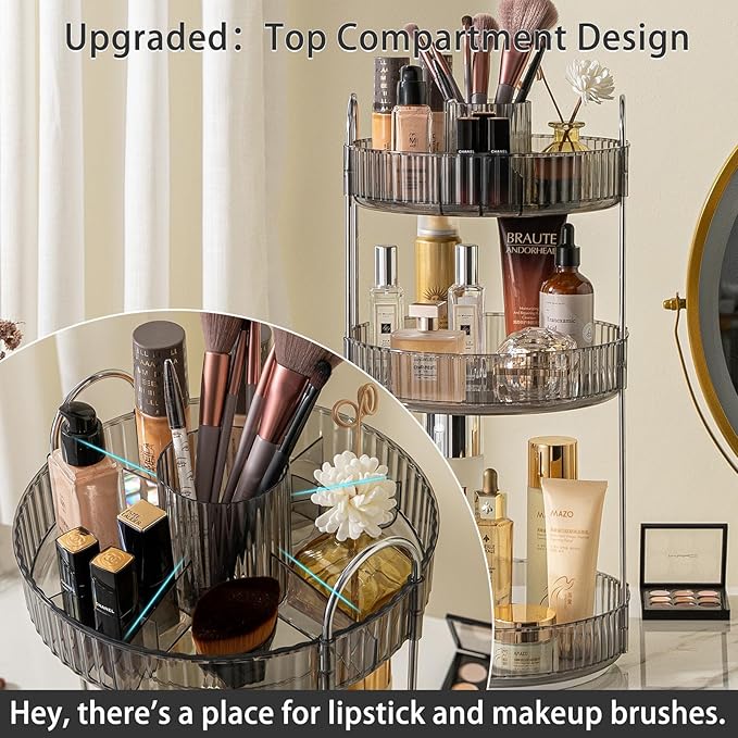 Rotating Makeup Organizer for Vanity, High-Capacity Skincare Clear Make Up Storage Perfume Organizers Cosmetic Dresser Organizer Countertop 360 Spinning (Gray, New-3 Tier)-NeatNest
