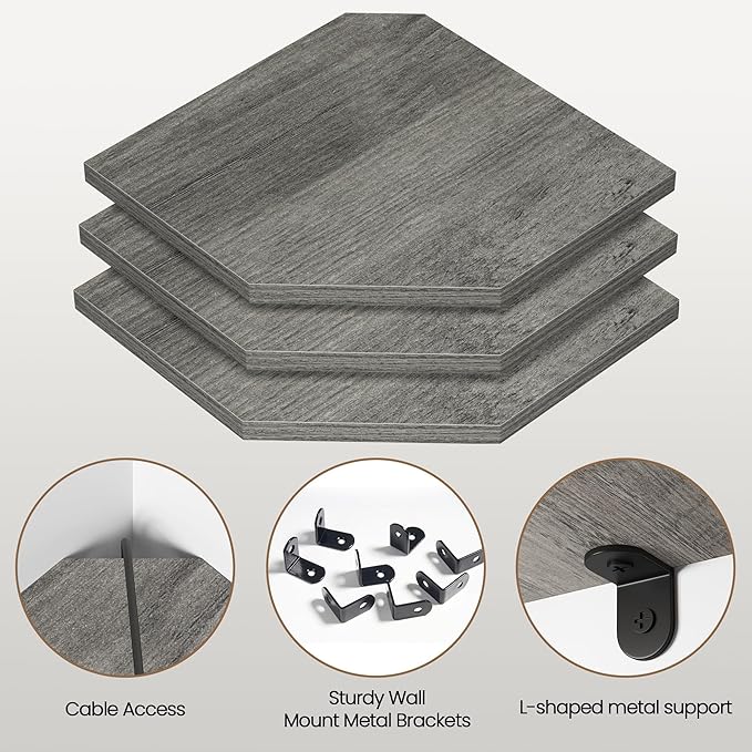 Corner Shelf Wall Mount, Floating Corner Shelves, Set of 3 Corner Wall Shelf Organizer, Rustic Wood Wall Storage Display Shelves for Living Room Bedroom Bathroom Kitchen, Rustic Grey-NeatNest