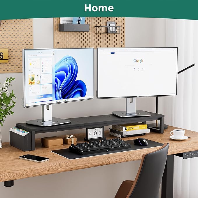 Dual Monitor Stand Riser, 41.5'' Extra Long Wood Monitor Stand Desktop Organizer with Side Pocket, Ergonomic Monitor Riser Supports 2 Monitors,TV,Laptop,Printer for Home Office, Black