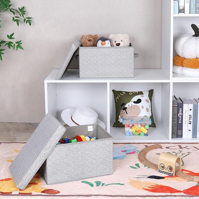 WUIKE Foldable Storage Bins with Lids, Storage Boxes with Handles, Closet Shelf Organizer, Fabric Storage Baskets for Bedroom, Decorative Storage Containers, Large, Ash Gray, 3-Pack-NeatNest