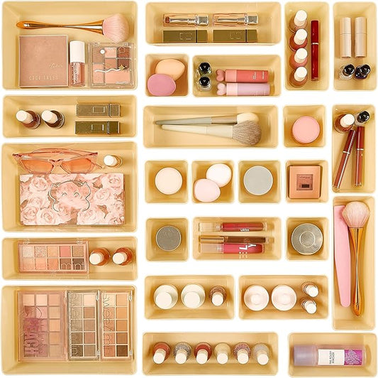 Vtopmart 25 PCS Plastic Drawer Organizers Set, 4-Size Versatile Bathroom and Vanity Drawer Organizer Trays, Storage Bins for Makeup, Bedroom, Kitchen Gadgets Utensils and Office-NeatNest