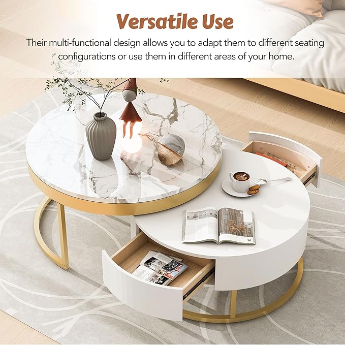 Modern Round Nesting Coffee Table with Drawers in White, Circle Coffee Tables for Living Room