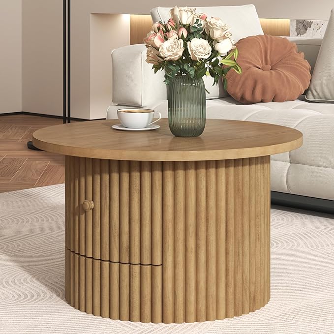 30.5" Round Storage Coffee Table, Rustic Circle Coffe Table for Living Room, Fluted Accent Wood Center Tables Farmhouse, Tea Table with Drawer for Apartment Small Space - Oak