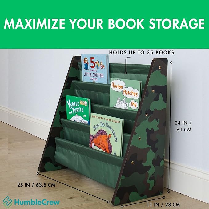 Humble Crew 4-Tier Kids Bookshelf, Camo Wood/Green - Premium Book Shelf for Kids Rooms with Four Deep Pockets - Toddler Sling Book Rack with Deep Sleeves, Nursery Bookcase Organizer