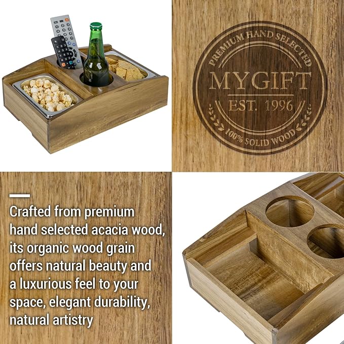 MyGift Cup Holder Tray and Couch Snack Caddy, Premium Solid Acacia Wood Sofa Beverage Drink and Snack Server with 2 Removable Metal Trays-NeatNest