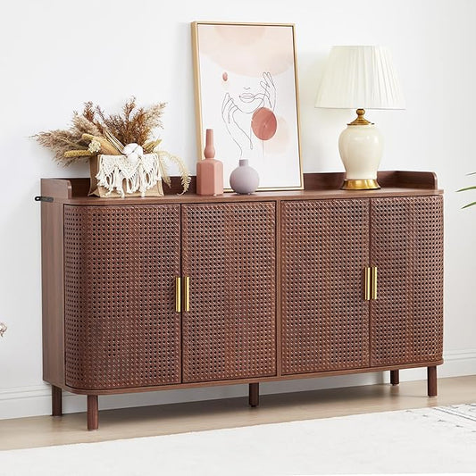4 Doors Storage Cabinet, 2 Tier Wooden Storage Organizer Cabinet with Adjustable Shelf, Sideboard Buffet Cabinets with Iron Curved Doors Accent Shoe Rack for Entryway Hallway Living Room (Walnut)-NeatNest