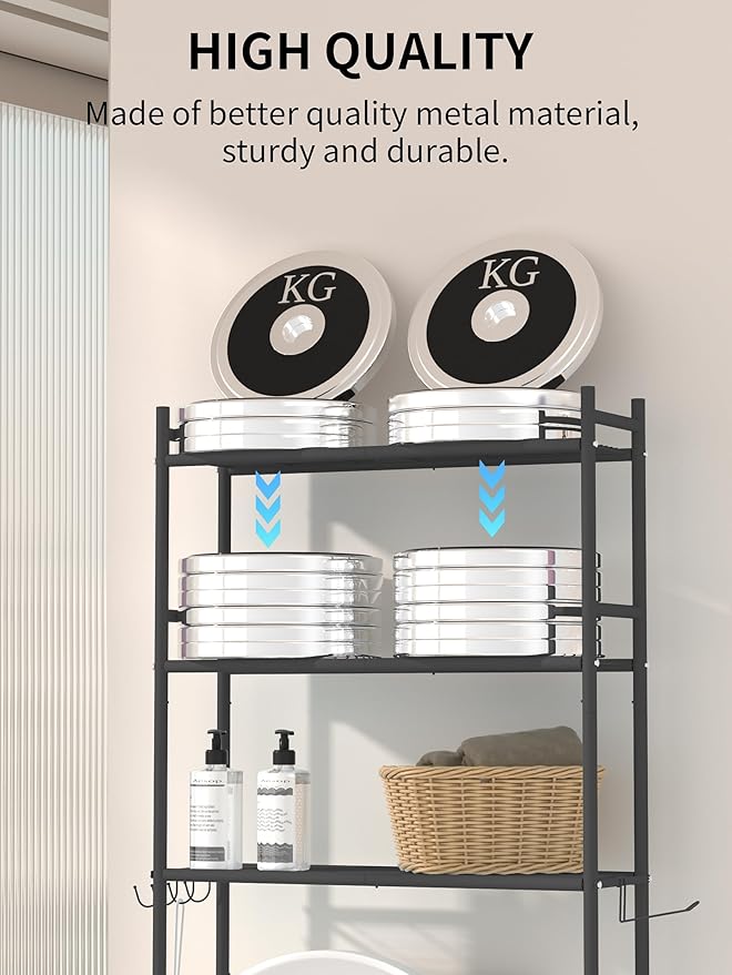 3-Tier Over The Toilet Storage, Space Saver Metal Bathroom Shelves, Freestanding Above Over Toilet Storage Shelf with 4 Hooks for Bathroom, Black-NeatNest
