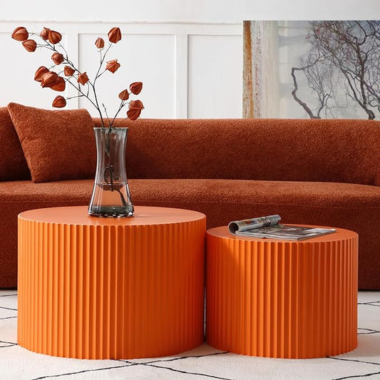 Round Coffee Table Set of 2, Modern Handcraft Nesting Table Wood Side Table Drum Accent End Table Embossed Design Circular Coffee Table Set for Living Room Bedroom, Orange