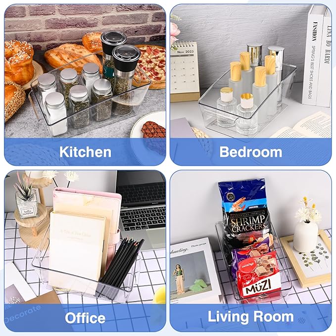 2 Pack Clear Pantry Organizer Storage Bins Removable Snack Organizer Plastic Cabinet Organizers Racks with 3 Dividers, Refrigerator Bins, Kitchen Organization Kitchen Storage-NeatNest