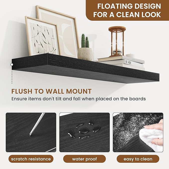 fuqing Floating Shelves for Wall, Bathroom Shelf Wall Mounted for Storage, Shelves with Invisible Bracket for Bedroom, Kitchen, Living Room, Farmhouse Small Book Shelf, 30 Inch Set of 2, Black-NeatNest