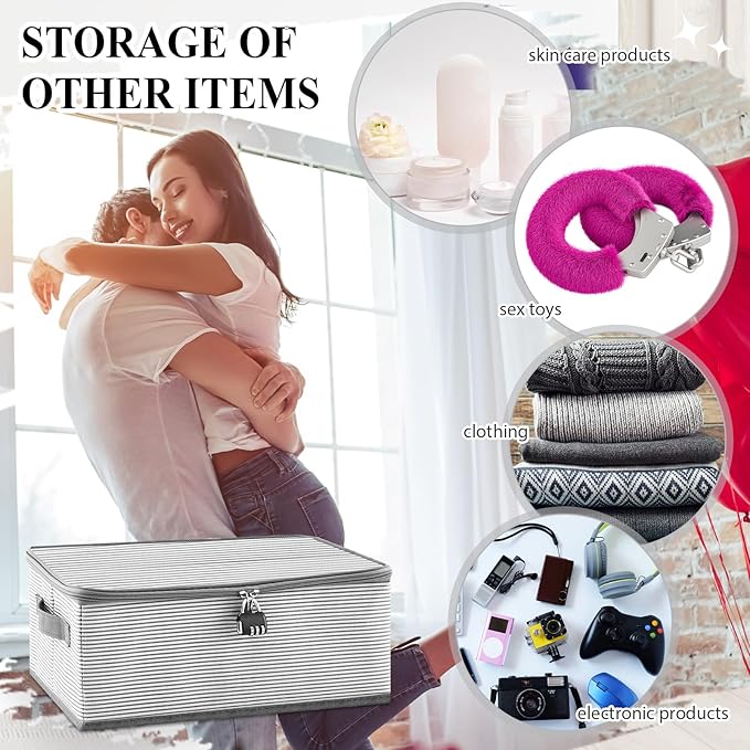 Discreet Lockable Adult Toy Storage Organizer Adult Toy Bag Storage Bins Case with Zipper Lid 15 x 10 x 5.9 Inches for Women and Men Clothes Container(Gray Stripes)-NeatNest