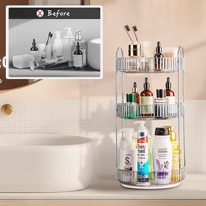 360 Rotating Makeup Organizer, 3 Tier Lazy Susan Bathroom Organizer, Easy to Install, Ideal Storage for Perfume, Skincare, Cosmetic, Dresser or Vanity Countertop (Classic Grey, 3 Tier)-NeatNest