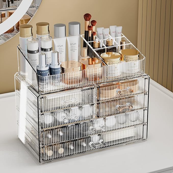 ZHIAI Stackable Storage Drawers, Acrylic Bathroom Counter Organizer Clear Makeup Organizers for Vanity, Kitchen Cabinets, Bathroom, Undersink, Home Organization and Storage (1 Top 6 Drawers)-NeatNest