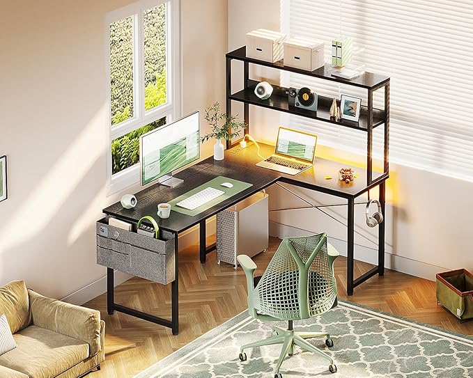 Casaottima Gaming Desk with Power Outlets & LED Lights, 43 Inch Reversible L Shaped Computer Desk with Shelves & Storage Bag, Corner Desk for Home Office, Black-NeatNest
