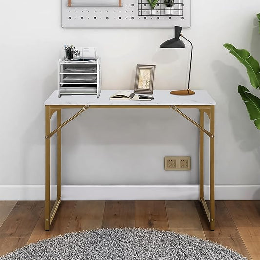 32 Inch Small Computer Desk for Bedroom，Sturdy Wooden Home Office Desk for Small Spaces，Simple Modern Style Tables with Metal Desk Legs Writing Study Table for Adults&Kids,White Gold
