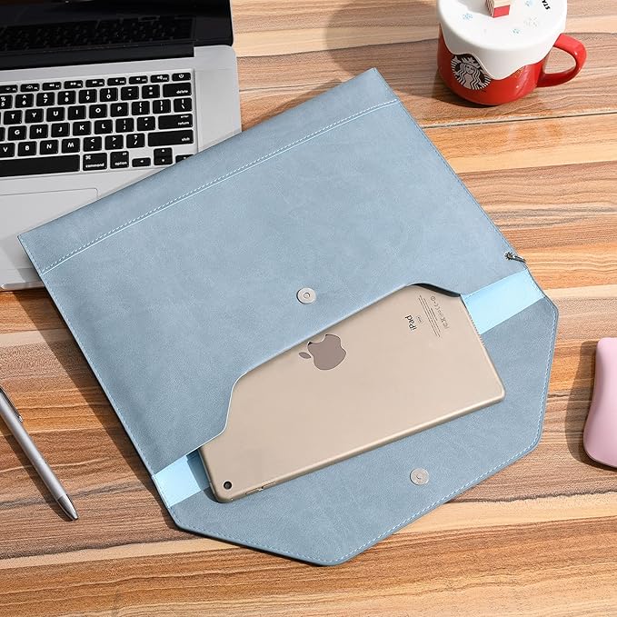 Wonderpool Envelope Case A4 PU Leather File Jacket Pocket Folder Document Case Bag with Removable Hand Strap and 4 Pocket for Documents Tablet Phone Stationery (Sky Blue)
