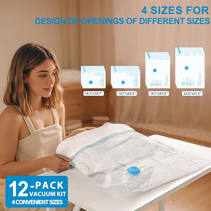 Vacuum Seal Bags for Clothing Travel, 12 Pack Vacuum Storage Bags for Clothes with Portable Electric Pump, Space Saver Bags for Luggage Traveling and Clothing-NeatNest