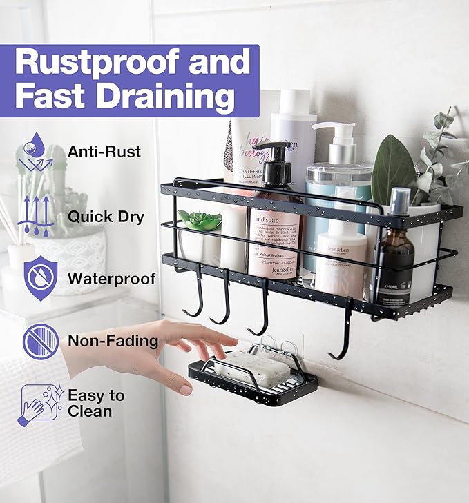 KINCMAX Premium Shower Caddy with Soap Holder - Adhesive Bathroom Shower Organizer and Storage w/ 4 Hooks, No Drill Shower Shelves for Inside Shower, Rustproof Stainless Steel Shower Rack, Black