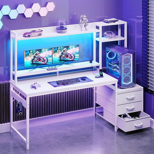 Casaottima 55 Inch Gaming Desk with Hutch & 3 Fabric Drawers, Computer Desk with USB Ports & LED Lights, Reversible Pc Gamer Table with Monitor Stand for Home Office, Carbon Fiber White-NeatNest