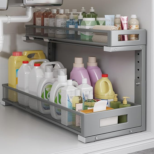 1 Pack 20.47IN Depth Under Sink Storage Organizer, Large 2-Tier Elegant Mesh Pull Out Shelf for Kitchen and Bathroom Cabinet Organization, L-Shaped and Adjustable Height Design-Gun Gray-NeatNest
