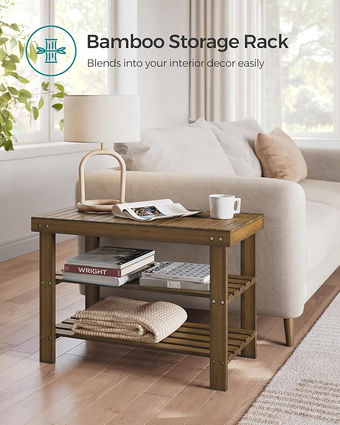 SONGMICS Shoe Rack Bench, 3-Tier Bamboo Shoe Storage Organizer, Entryway Bench, Holds Up to 286 lb, 11.3 x 27.6 x 17.8 Inches, for Entryway Bathroom Bedroom, Yellow Brown ULBS04WL-NeatNest