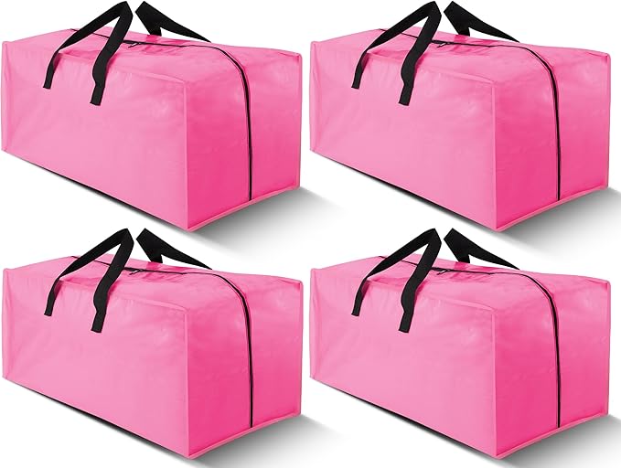 Cosy Family 4 Pack Heavy Duty Extra Large Moving Bags with Backpack Straps - Strong Handles & Zippers, Storage Totes For Space Saving, Fold Flat, Alternative to Moving Box, Pink-NeatNest