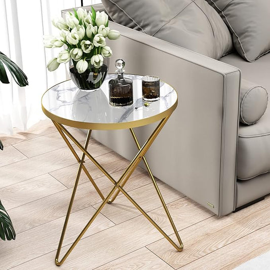 HLR Modern Round Side Table, End Table with Marble Effect Top and Gold Metal Frame, Small Side Table for Living Room, Bedroom, Sofa and Couch, Gold Legs, White Marble top