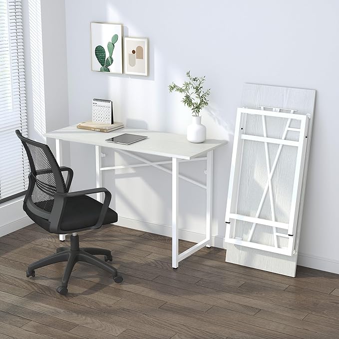 Folding Desk 47 inch No Assembly Required Home Office Table, Writing Gaming Computer Camping Desk, White-NeatNest