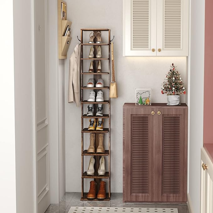 HOMEFORT 10-Tier Vertical Shoe Rack, Corner Shoe Tower, Slim Shoe Organizer with Two Hanging Hooks, Wooden Shoe Storage Stand for Entryway, Hallway, Closet, Rustic Brown-NeatNest