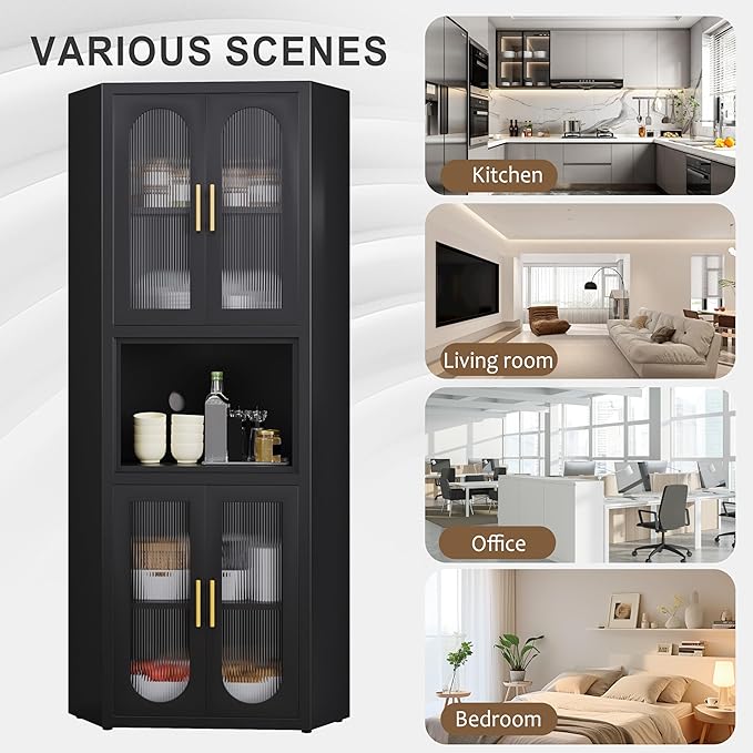 64" Tall Metal Corner Storage Cabinet with Acrylic Glass Doors ＆ Open Display Storage Shelves, Farmhouse Corner Pantry Storage Cupboard for Kitchen, Laundry Room, Bathroom or Bedroom (Black)