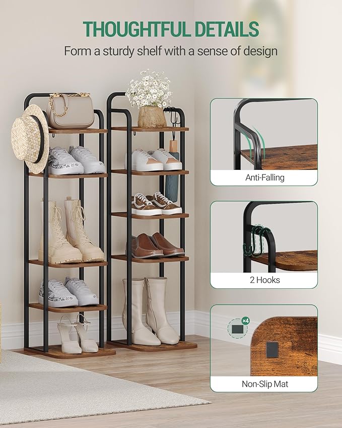 6 Tiers Vertical Shoe Rack, Narrow Shoe Tower, Tall Shoes Shelf with 2 Hooks, Adjustable Shelves, Corner Shoes Shelves for Small Spaces, Entryway, Living Room, Rustic Brown SR04201B-NeatNest