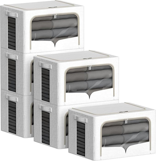 6 Pack Clothes Storage Bins with Metal Frame Clothing Storage Bins with Lid Linen Fabric Storage Box With Clear Window＆ Zippers＆ Durable Handles (Medium-30L, Count, 6)-NeatNest