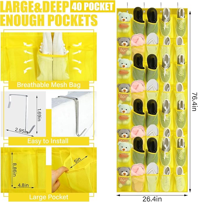 Windyun 40 Over the Door Shoe Organizer Large Mesh Pocket Hanging Shoe Rack for Closet Yellow Nonslip Behind Door Storage Holder Back to School Organizer for Dorm Room College Classroom Storage-NeatNest