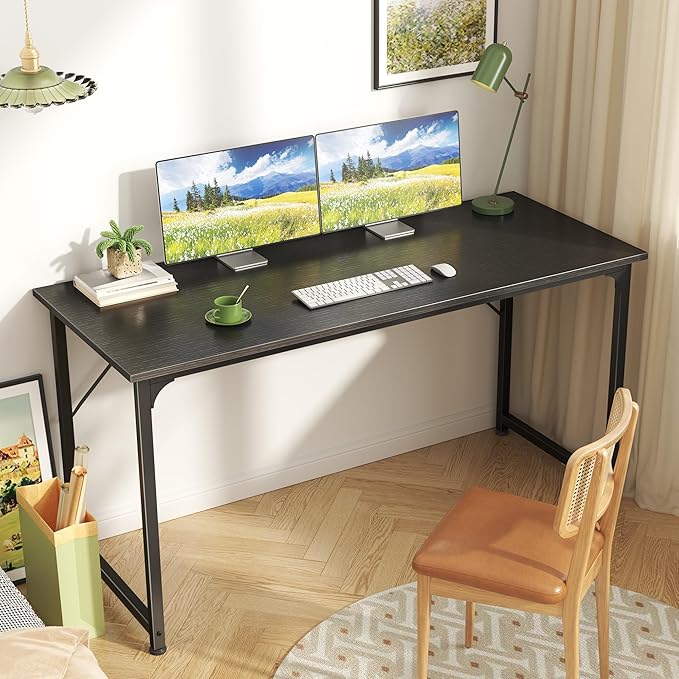 Huuger Computer Desk, 55 Inch Home Office Desk, Gaming Writing Work from Home Study Desk, Large Legroom, Sturdy Metal Frame, Modern Simple, Black-NeatNest
